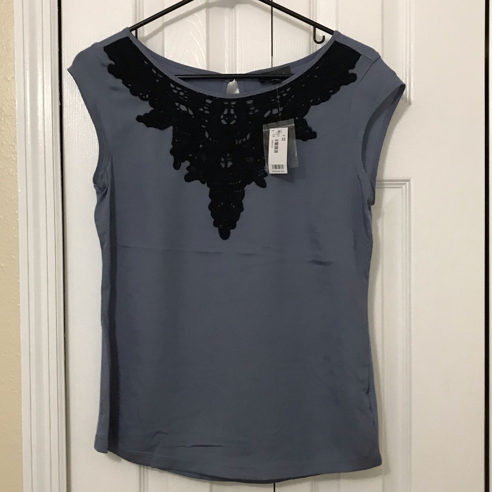 The Limited Blouse- Steel Blue lacey bib detail